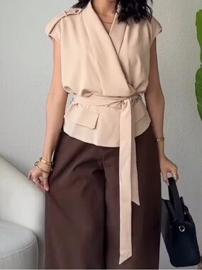 Sleeveless Wrap Blouse in Beige